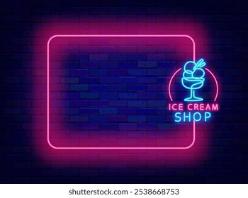 Ice cream shop neon advertising. Milk product. Cold sweet dessert. Empty pink frame. Vector stock illustration