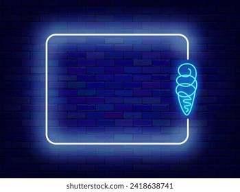 Ice cream shop neon announcement. Continuous one line drawing. Sundae waffle cone and empty white frame. Cold sweet dessert. Cafe, restaurant sign. Copy space. Editing text. Vector stock illustration
