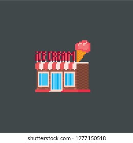 Ice cream shop. Pixel art. Old school computer graphic. Element design stickers, logo, mobile app, menu. 8 bit video game. Game assets 8-bit sprite. 16-bit.