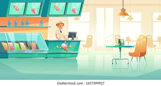 Ice cream shop with seller behind counter, fridge, tables with chairs. Vector cartoon interior of cafe with ice cream in freezer, italian gelateria or parlor with sundae and milkshake