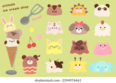 Ice cream shop set - Ice cream in the shape of an animal's face - Cute hand-drawn illustrations