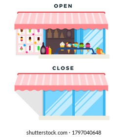 Ice Cream Shop With A Sign Open, Closed Vector Illustration In A Flat Design.