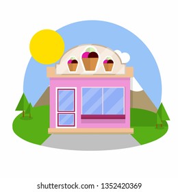 Ice cream shop with sign. Sweet dessert. Little business. building store and coffee. Urban landscape. Buying and selling food. Summer season. Cartoon flat illustration. 
