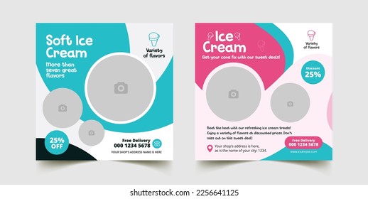 Ice cream shop social media post template and chocolate cake advertisement web banner design for a tasty food menu and bakery chocolate cake