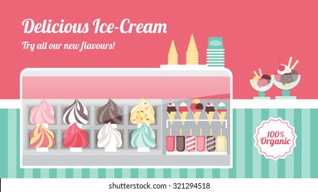 Ice cream shop with tasty colorful ice creams in metal trays, cones, popsicles and sundaes in a freezer with glass display, sweet italian food and healthy eating concept