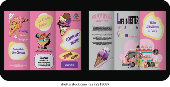 Ice Cream Shop Trifold Brochure template, ice cream company Trifold Brochure, creative design, cone ice cream, ice cream van, delicious, sweet, flavour, colorfull, softy, vector, illustration, eps10. 