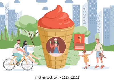 Ice cream shop vector flat illustration. Happy smiling people walking in city park and going to the ice cream stand. Girl in medical face mask selling tasty ice cream in urban park.