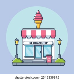 Ice Cream Shop Vektorsymbol-Illustration. Gebäude und Wahrzeichen Icon Konzept weiß isoliert. Flacher Cartoon-Stil