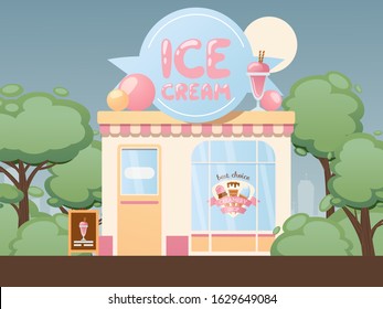 Ice Cream Shop, Vector Illustration. Small Cozy Gelateria, Local Business Store. Creamery In Summer Park, Exterior Of Dessert Cafe. Welcome To Classic Gelateria, Ice Cream Shop On Small Town Street