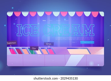 Ice cream shop website with cafe interior with fridge. Vector landing page with different gelato in refrigerator in gelateria. Counter with freezer with fruit ice cream and sundae