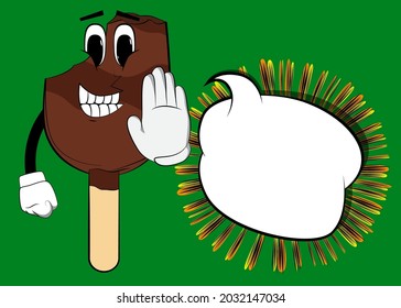 Ice Cream showing deny or refuse hand gesture. Summer refreshment, sweet food as a cartoon character with face.