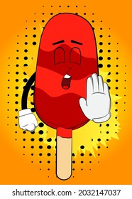 Ice Cream showing deny or refuse hand gesture. Summer refreshment, sweet food as a cartoon character with face.