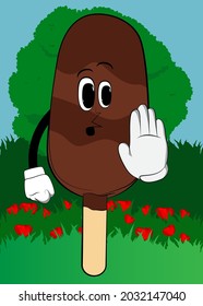 Ice Cream showing deny or refuse hand gesture. Summer refreshment, sweet food as a cartoon character with face.