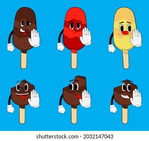 Ice Cream showing deny or refuse hand gesture. Summer refreshment, sweet food as a cartoon character with face.