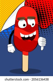 Ice Cream showing dislike hand sign. Summer refreshment, sweet food as a cartoon character with face.