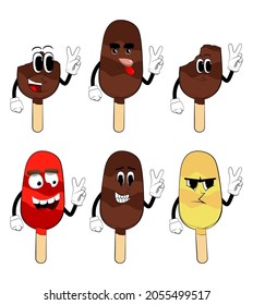 Ice Cream showing the V sign, peace hand gesture. Summer refreshment, sweet food as a cartoon character with face.