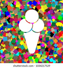 Ice cream sign illustration. Vector. White icon on colorful background with seamless pattern from squares.