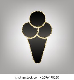 Ice cream sign illustration. Vector. Blackish icon with golden stars at grayish background.