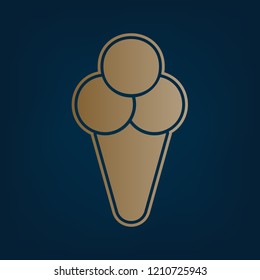 Ice cream sign illustration. Vector. Golden icon and border at dark cyan background.