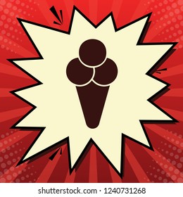 Ice cream sign illustration. Vector. Dark red icon in lemon chiffon shutter bubble at red popart background with rays.