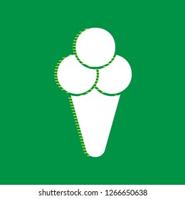 Ice cream sign illustration. Vector. White flat icon with yellow striped shadow at green background.