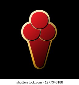 Ice cream sign illustration. Vector. Red icon with small black and limitless shadows at golden sticker on black background.