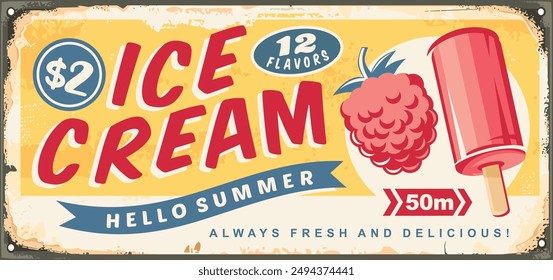 Ice cream sign on old vintage tin background. Retro advertisement with pink ice cream on a stick and juicy delicious raspberry fruit. Vintage vector food illustration. Delicious summer dessert.