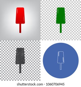 Ice Cream sign. Vector. 4 styles. Red gradient in radial lighted background, green flat and gray scribble icons on transparent and linear one in blue circle.