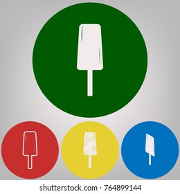Ice Cream sign. Vector. 4 white styles of icon at 4 colored circles on light gray background.