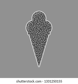 Ice Cream sign. Vector. Black maze filled icon with white border at gray background.