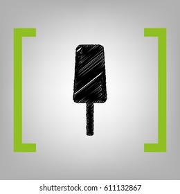 Ice Cream sign. Vector. Black scribble icon in citron brackets on grayish background.