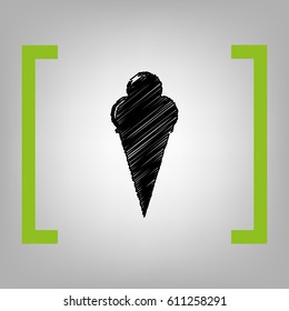 Ice Cream sign. Vector. Black scribble icon in citron brackets on grayish background.