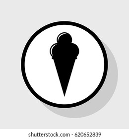 Ice Cream sign. Vector. Flat black icon in white circle with shadow at gray background.