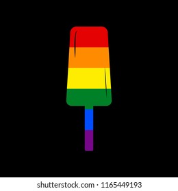 Ice Cream sign. Vector. Icon with colors of LGBT flag at black background.