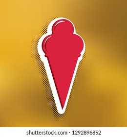 Ice Cream sign. Vector. Magenta icon with darker shadow, white sticker and black popart shadow on golden background.