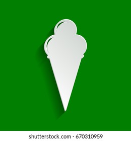 Ice Cream sign. Vector. Paper whitish icon with soft shadow on green background.
