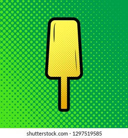 Ice Cream sign. Vector. Pop art orange to yellow dots-gradient icon with black contour at greenish background.