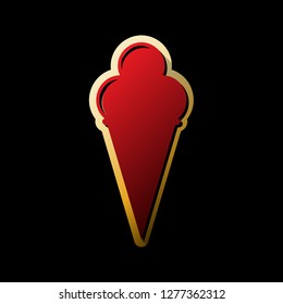 Ice Cream sign. Vector. Red icon with small black and limitless shadows at golden sticker on black background.
