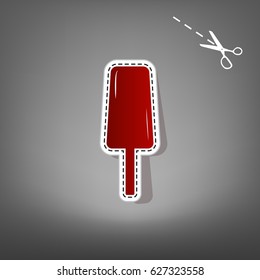 Ice Cream sign. Vector. Red icon with for applique from paper with shadow on gray background with scissors.