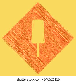 Ice Cream sign. Vector. Red scribble icon obtained as a result of subtraction rhomb and path. Royal yellow background.