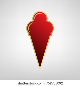 Ice Cream sign. Vector. Red icon on gold sticker at light gray background.