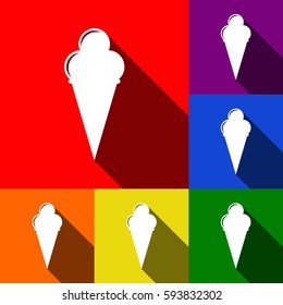 Ice Cream sign. Vector. Set of icons with flat shadows at red, orange, yellow, green, blue and violet background.