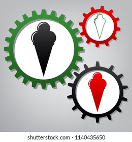Ice Cream sign. Vector. Three connected gears with icons at grayish background.
