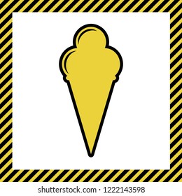 Ice Cream sign. Vector. Warm yellow icon with black contour in frame named as under construction at white background. Isolated.