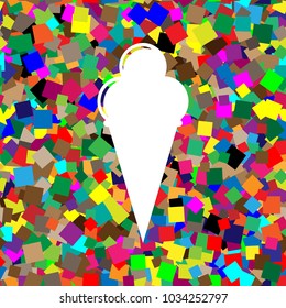Ice Cream sign. Vector. White icon on colorful background with seamless pattern from squares.