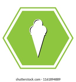 Ice Cream sign. Vector. White icon with black shadow at yellow green honeycomb on white background.