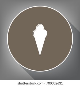 Ice Cream sign. Vector. White icon on brown circle with white contour and long shadow at gray background. Like top view on postament.
