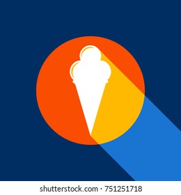 Ice Cream sign. Vector. White icon on tangelo circle with infinite shadow of light at cool black background. Selective yellow and bright navy blue are produced.