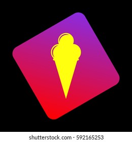 Ice Cream sign. Vector. Yellow icon at violet-red gradient square with rounded corners rotated for dynamics on black background.