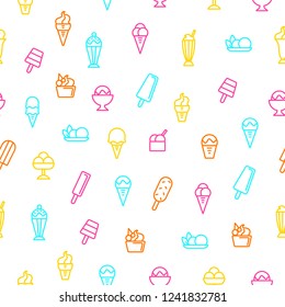 Ice Cream Signs Thin Line Seamless Pattern Background on a White Include of Dessert, Cone, Sundae and Sorbet. Vector illustration of Icons